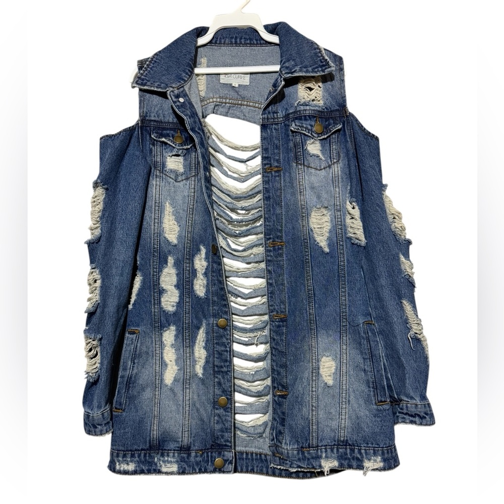 Ziva Curve Distressed Destroyed Thrashed Cold Shoulder Denim Jean Jacket Small